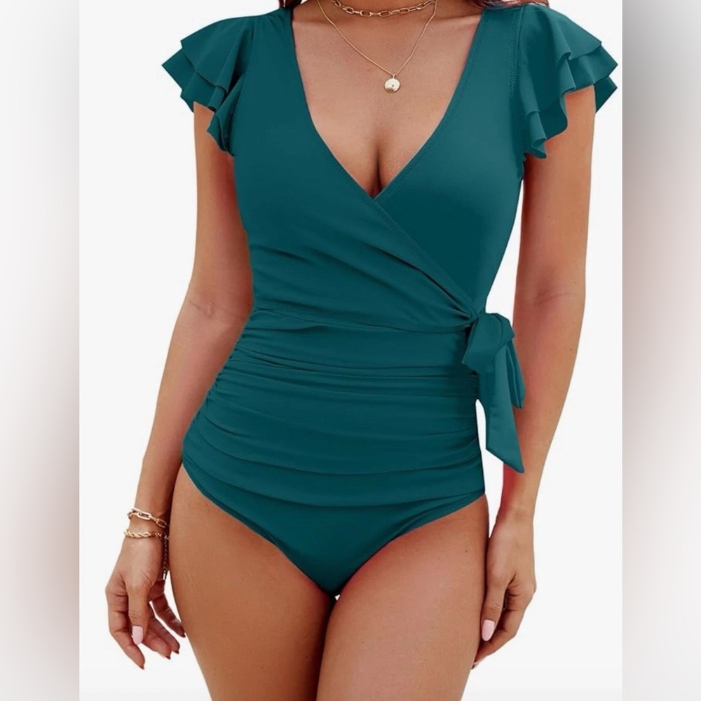 Blooming Jelly Wrap One Piece Swimsuit NWT XL Padded Emerald Teal Curvy Resort
